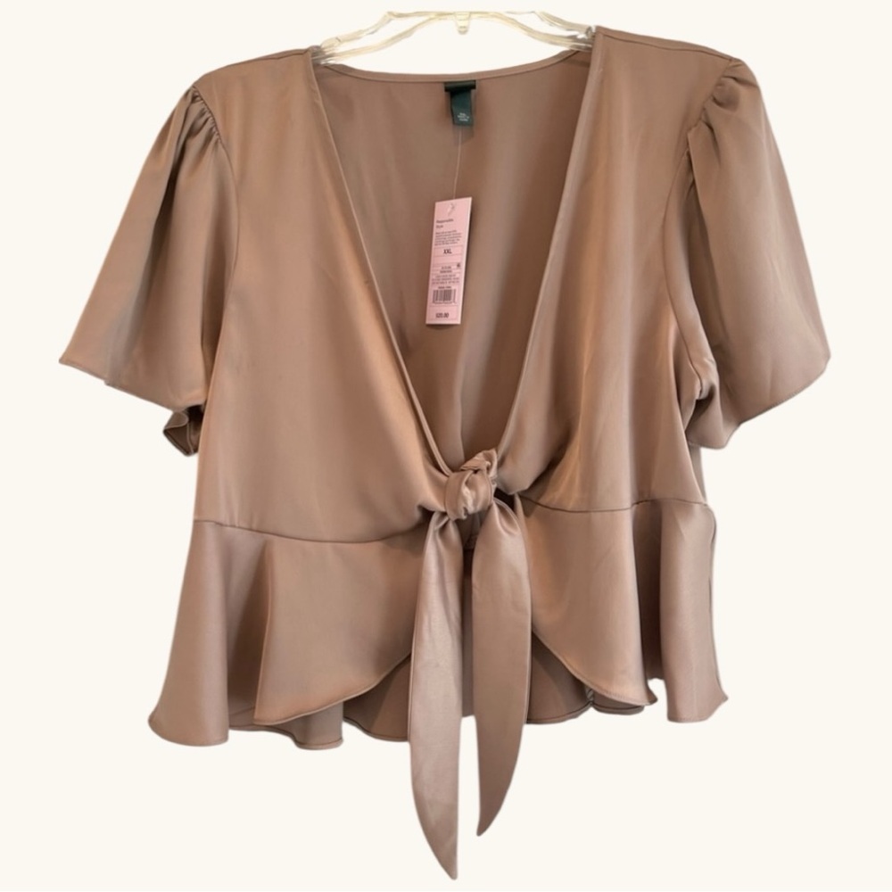 ☀️ Wild Fable NWT Satin Tie-Front Peplum Blouse XXL - Picture 2 of 6